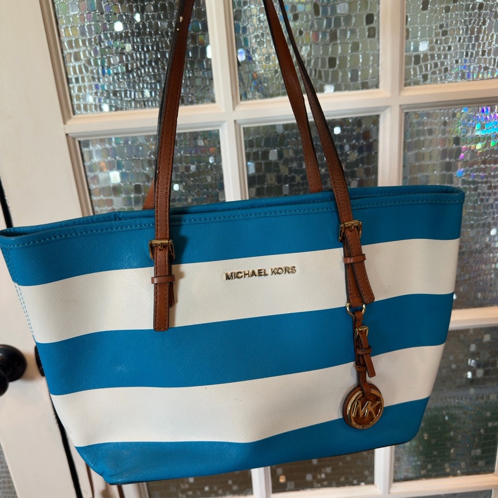 Michael Kors Turquoise & White Striped Tote with Brown Straps